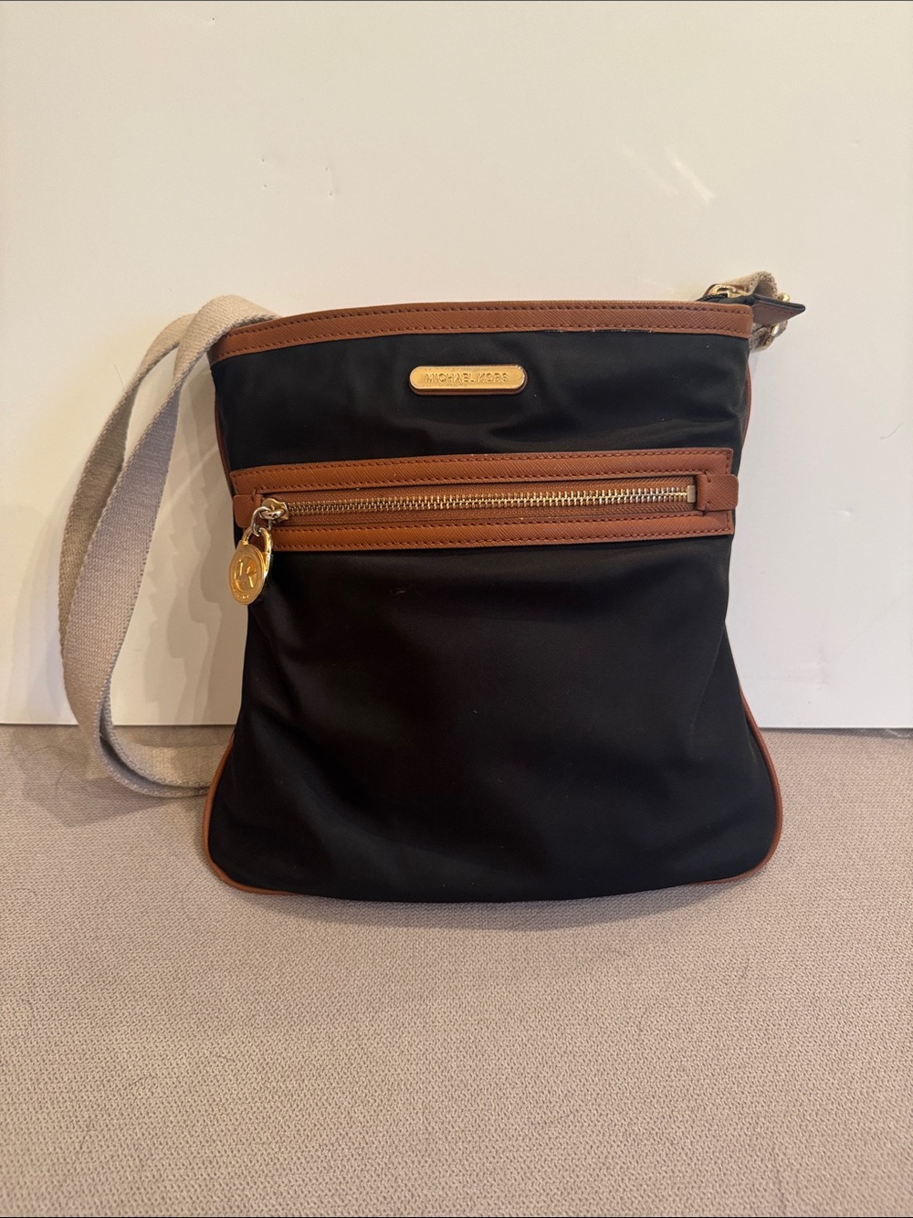 Michael Kors Black Crossbody with Brown Leather Trim and Gold Hardware